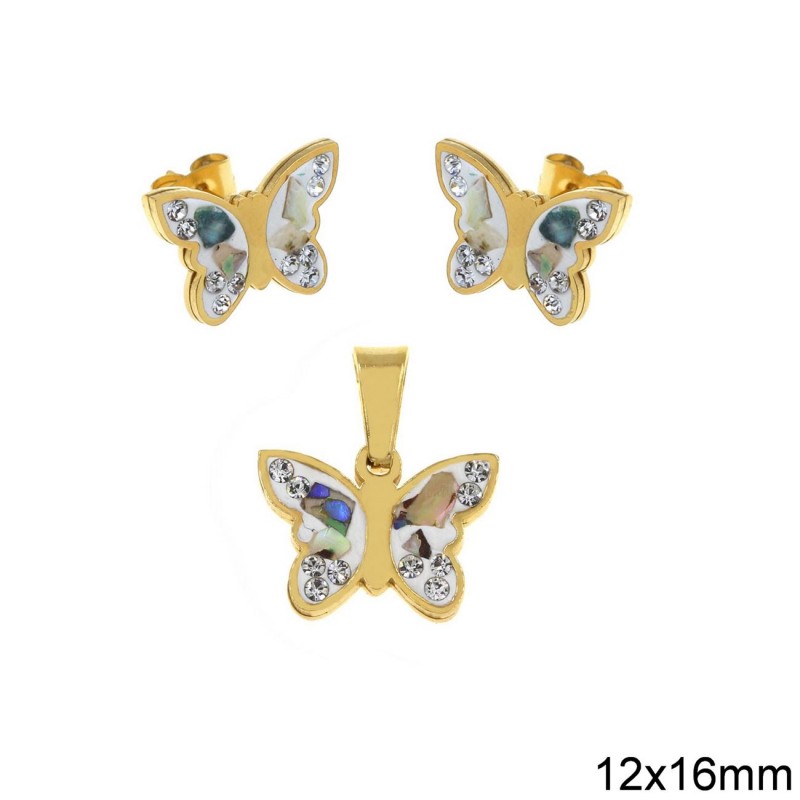 Σετ κοσμημάτων ατσάλινο μενταγιόν και σκουλαρίκια πεταλούδα w-set-06