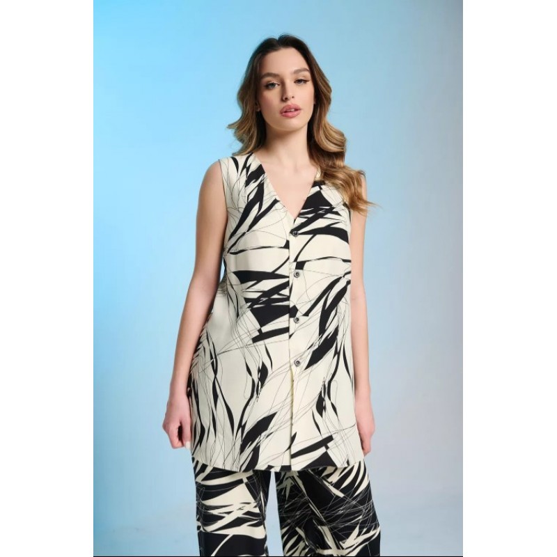 Μπλούζα - πουκάμισο γυναικείο άσπρο - μαύρο, λευκά στρας κουμπιά w-blouz-04