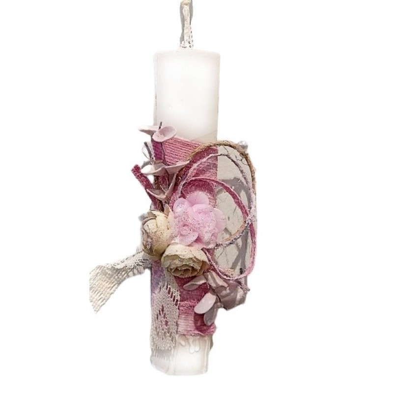 Πασχαλινή λαμπάδα για κορίτσια χειροποίητη οβάλ αρωματική λουλούδια δαντέλα ροζ la-29