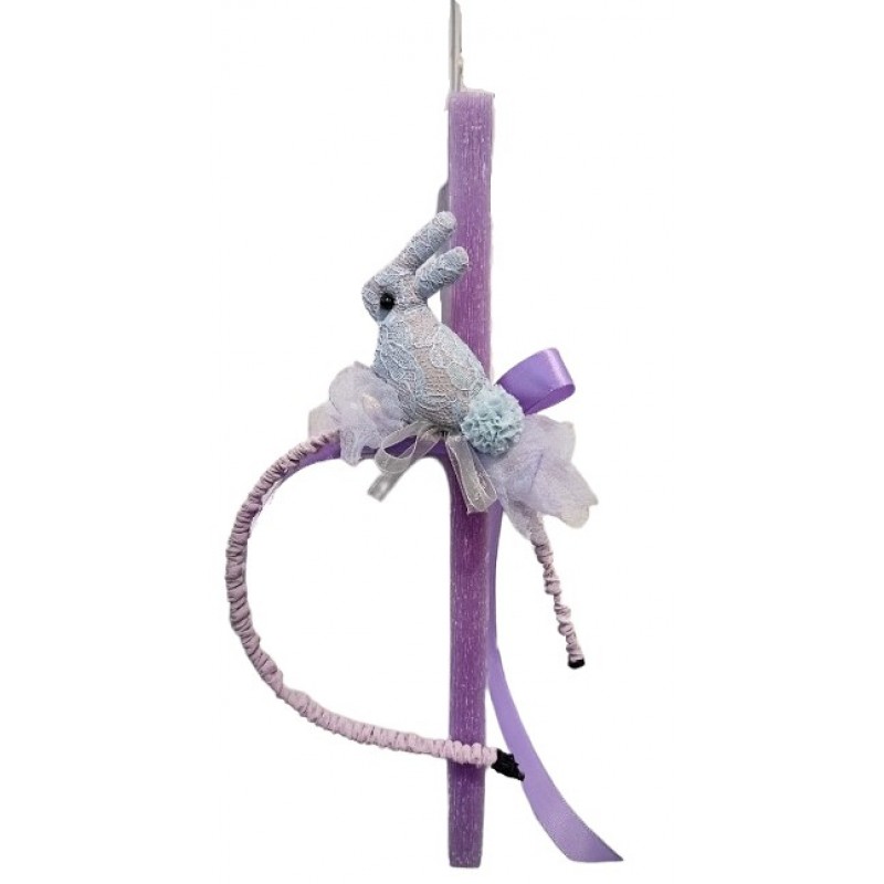 Πασχαλινή λαμπάδα για κορίτσια χειροποίητη με στέκα μαλλιών λαγουδάκι μωβ-γαλάζιο κορίτσι la-31