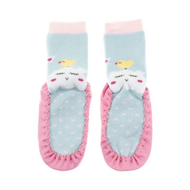 Κάλτσες-παντόφλες παιδικές πουλάκι γαλάζιο ροζ g-kal-05
