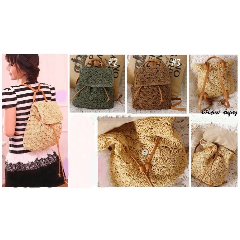 Γυναικεία τσάντα σακίδιο πλάτης ψάθινη μπεζ, καφέ και πράσινο w-tsant-77