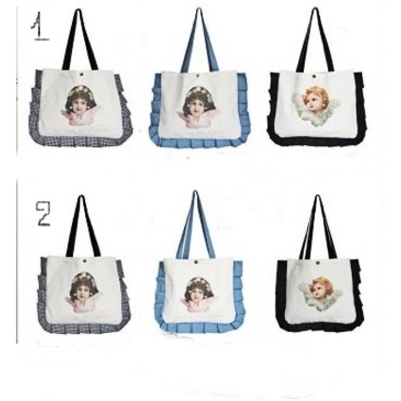 Τσάντα γυναικεία άγγελος καρό, μαύρο, γαλάζιο υφασμάτινη βαμβακερή w-tsant-78