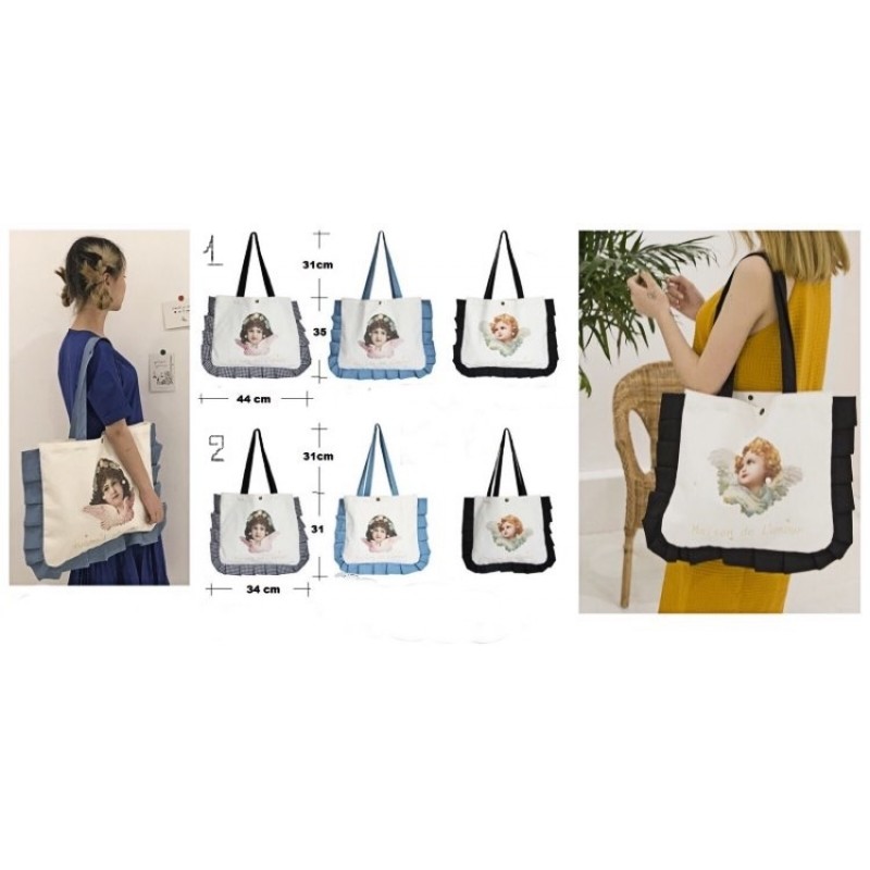 Τσάντα γυναικεία άγγελος καρό, μαύρο, γαλάζιο υφασμάτινη βαμβακερή w-tsant-78